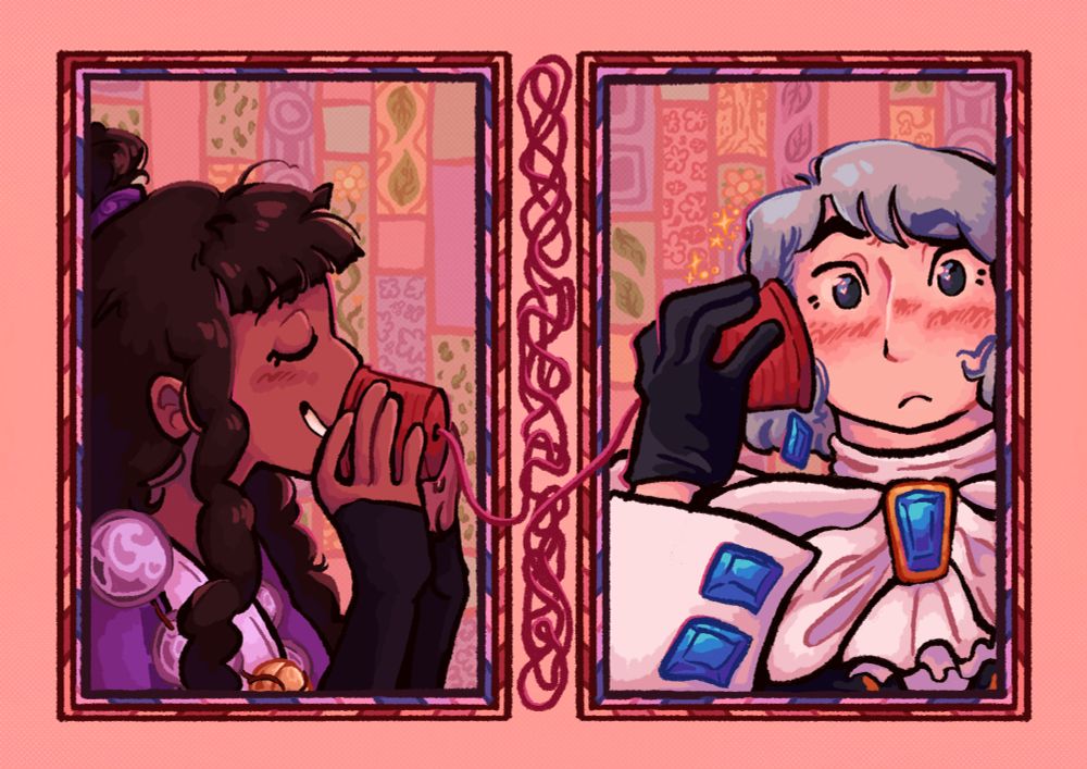 a 2-panel illustration of Franziska and Maya from Ace Attorney. Maya is facing the right with her eyes closed and is talking into a cup. that paper cup is connected by a string to another cup, which Franziska is holding. Franziska is holding the cup to her ear and she looks wide-eyed and flustered.