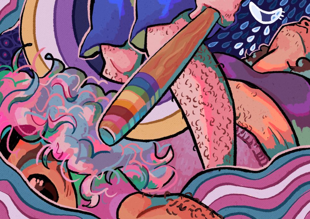 an abstract illustration focused on the trans and nonbinary flags. it heavily features the colours blue, purple, pink, and green. on the left is a person with blue and pink hair leaning towards the viewer. in the center are a pair of legs wearing blue shorts, and a hand holding a bat decorated with the rainbow. in the background is a person leaning back, their face not visible.