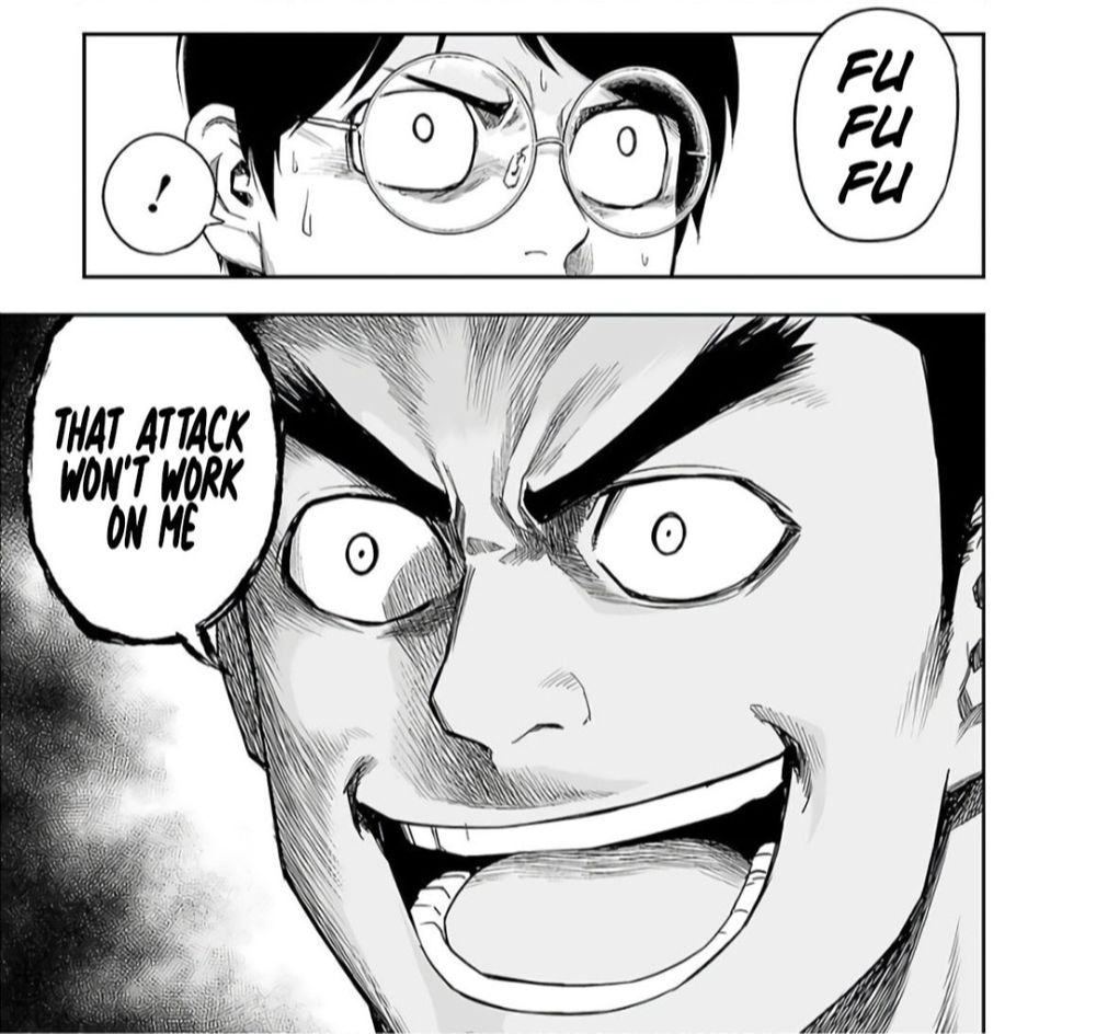 More manga panels - the small guy from the last image has a shocked expression while the larger guy is laughing and saying "FU FU FU. THAT ATTACK WON'T WORK ON ME"