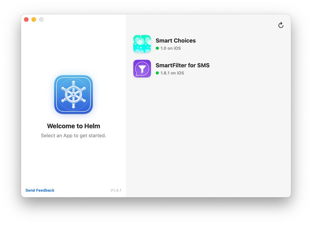 Screenshot of the macOS app “Helm” with a list of iOS apps: “Smart Choices” and “SmartFilter for SMS”