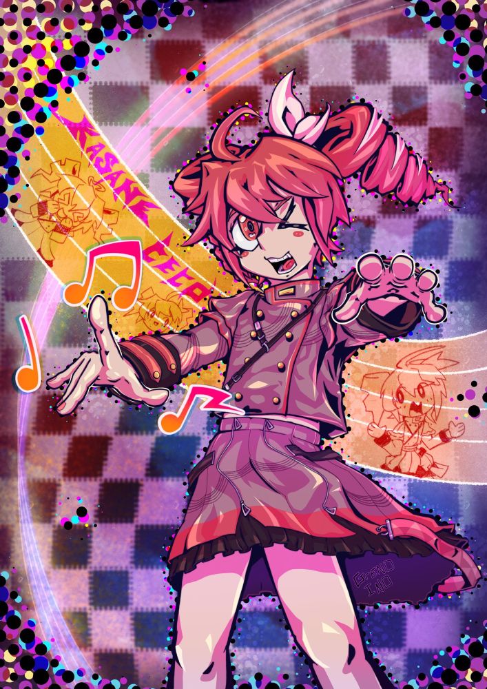 Teto kasane reaching out with her hands while her hair and skirt sways to the right.
There is musical references throughout the image such as notes emerging from her hand, and a trail of an orange musical note staff are behind her. The background is a purple checkerboard which varies slightly from orange to blue in tone.
There are also cmyk colour dots that surround Tetos outline - as-well as - parts of the boarder edge.