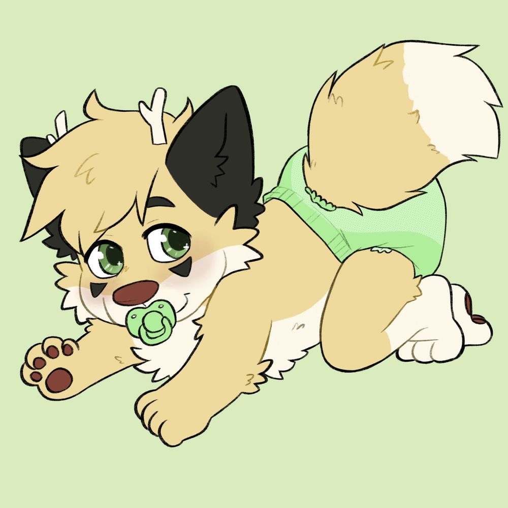 Playful deer pup with a pacifier on all fours 
