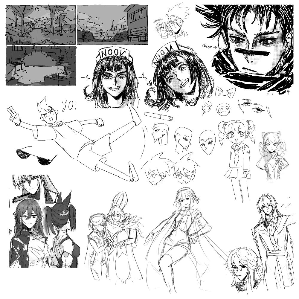 Lorcass at the bottom. The other is practicing drawing without guidelines and some background compositions
