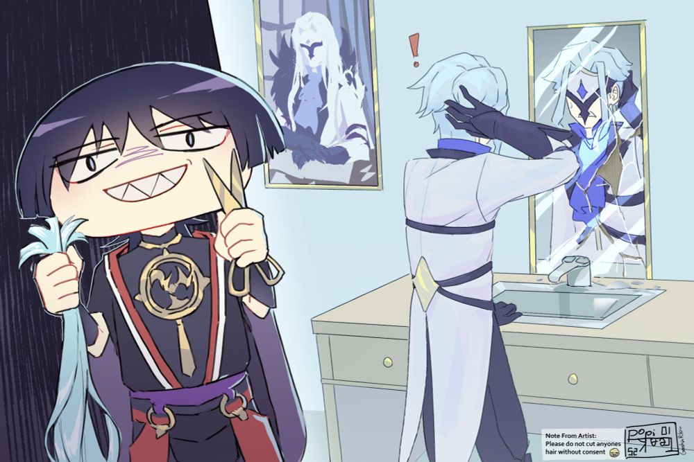 This is a headcanon and i dont condone this behavior in real world at all 😭

Scara cut Dottore's hair, while the doctor was out of it (or however his clones turn off). Dottore is looking at the mirror which broke out of his sadness. Left next to him is a picture of long hair Dottore. And at the front left we see Scaramouche holding the blue locks and gold scissors.