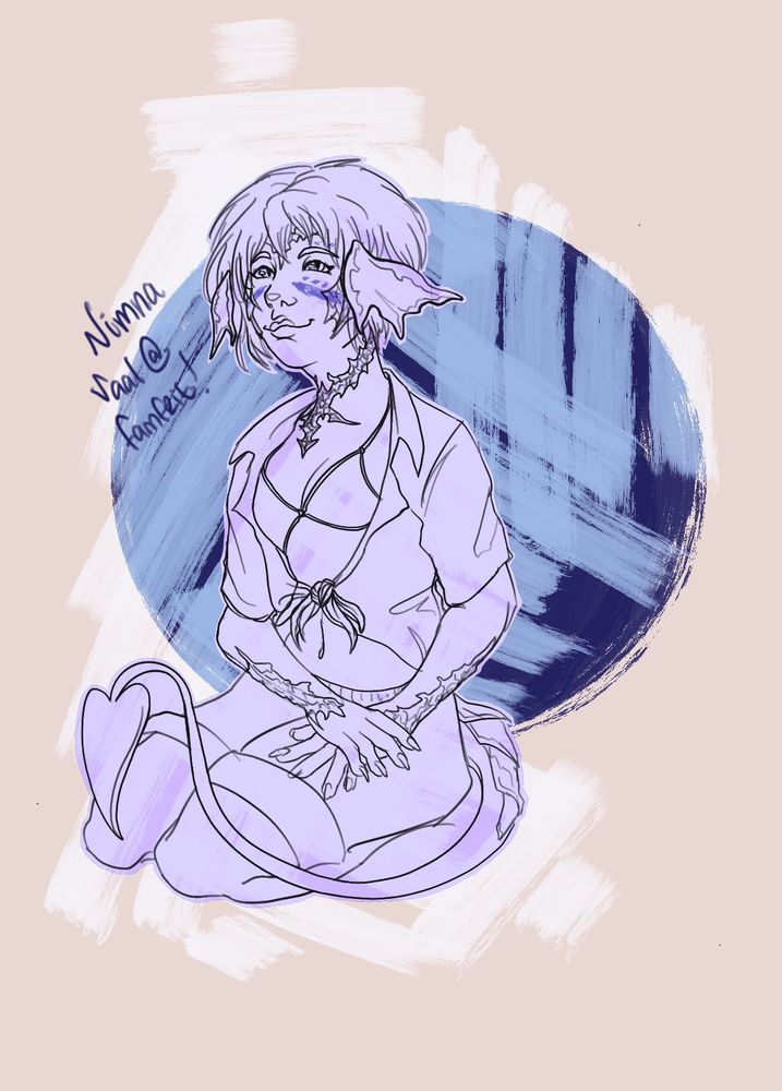 A female presenting Au Ra who is sitting down with her hands over lapping on her lap. Her head is slightly lifted up and she is smiling!