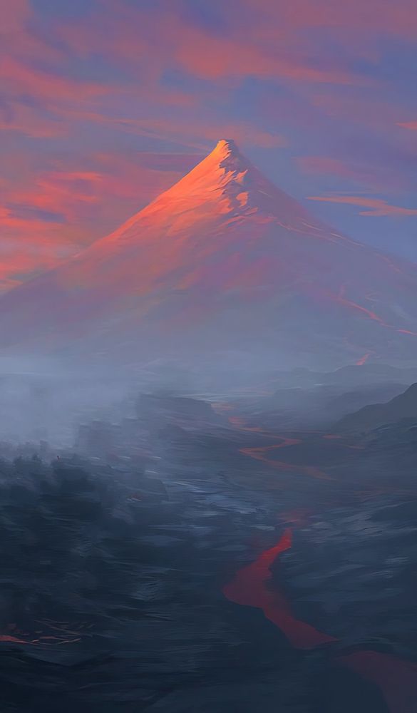 A mountain in the distance with a reddish hue.