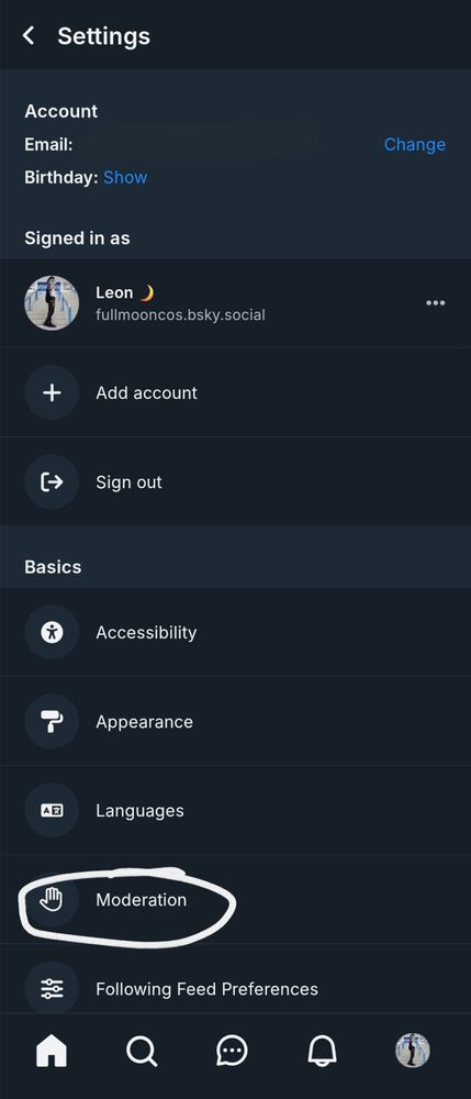 settings page with the "moderation" option circled
