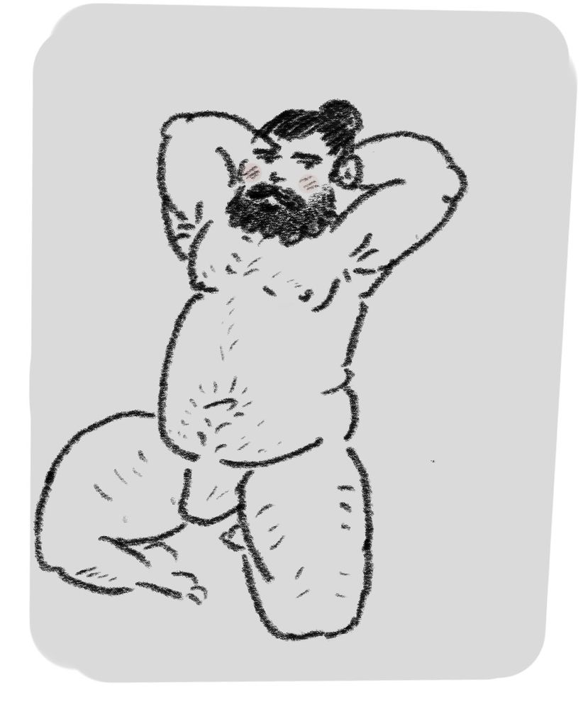 An illustration of a bearded man on his knees, with his legs spread to reveal his jockstrap bulge. His arms are raised behind his head to expose his armpits.