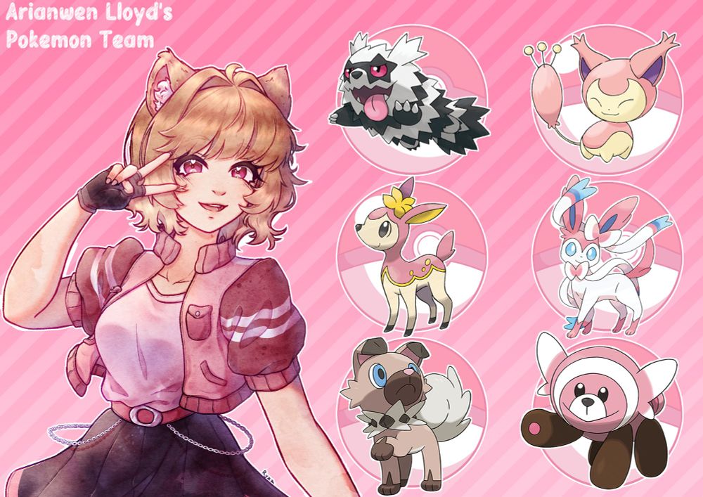 Digital art of a raccoon girl with a peace sign. Six pokemon in front of Pokeballs. Galarian Zigzagoon, Skitty, Spring Deerling, Sylveon, Rockruff and Stuffl