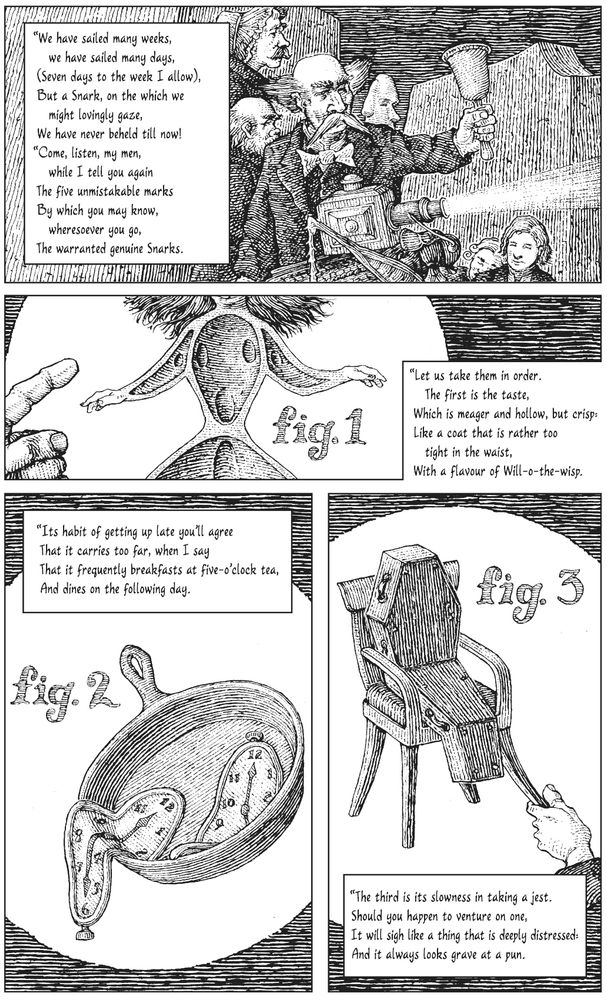 The Bellman gives a magic lantern lecture to the B-Boyz. Tiffin at Breakfasties, etc, A page from my GN version of the Snark, full descriptions of page here: https://justtheplaceforasnark.blogspot.com/search?q=page+15