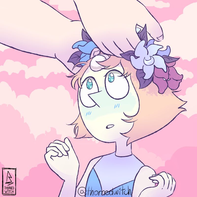 Rose Quartz's hands setting a moon flower crown on top of Pearl's head. Pearl is looking at her with shiny eyes.