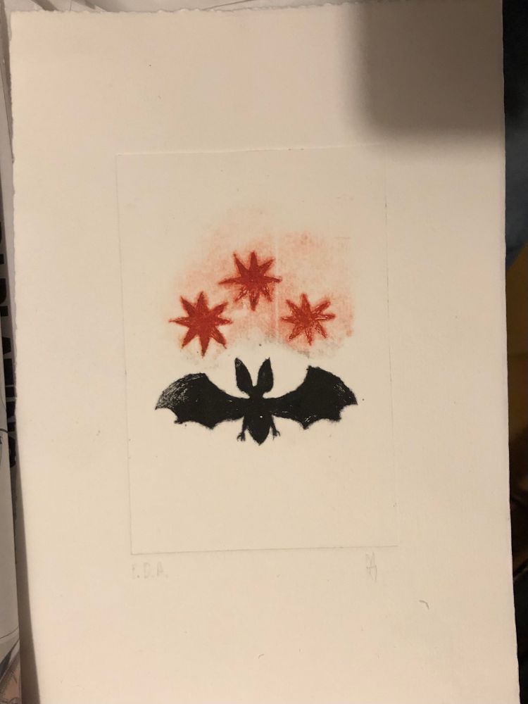 Dry Point of an heraldry symbol of a bat with stars above