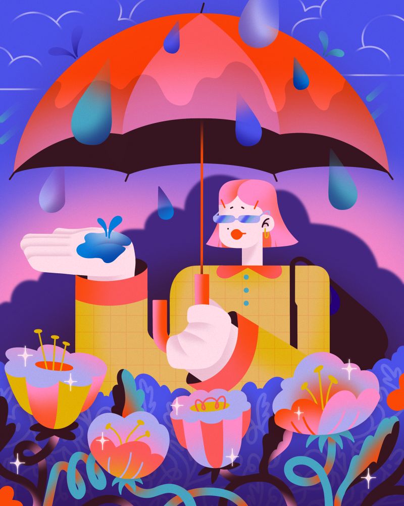 A girl with pink hair and a yellow top stands underneath a red umbrella, her hand outreached - feeling the raindrops fall and admiring the flowers in bloom in front of her. 
