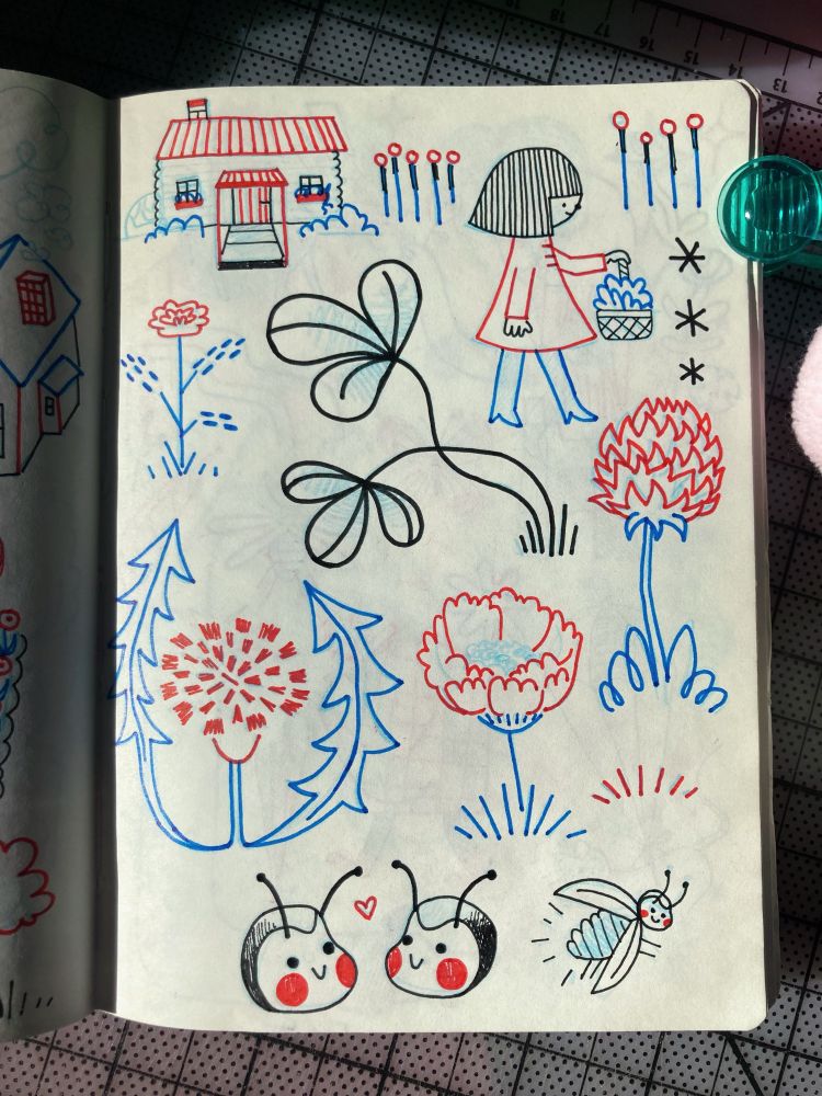 Another page of line drawings, this time featuring a small character holding a basket, two bugs in love, a range of different styled flowers, and a small cabin. 