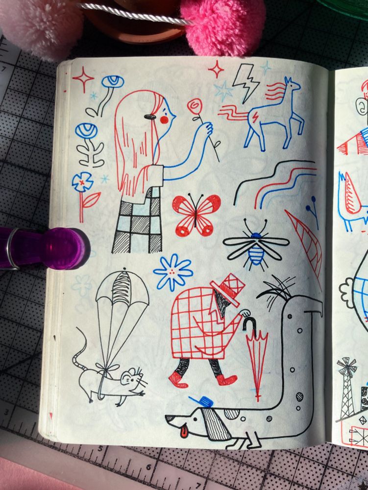 A medley of doodles ranging from a butterfly, a rat joyfully attached to a parachute, a little girl holding a rose, and a dog with a small hat.