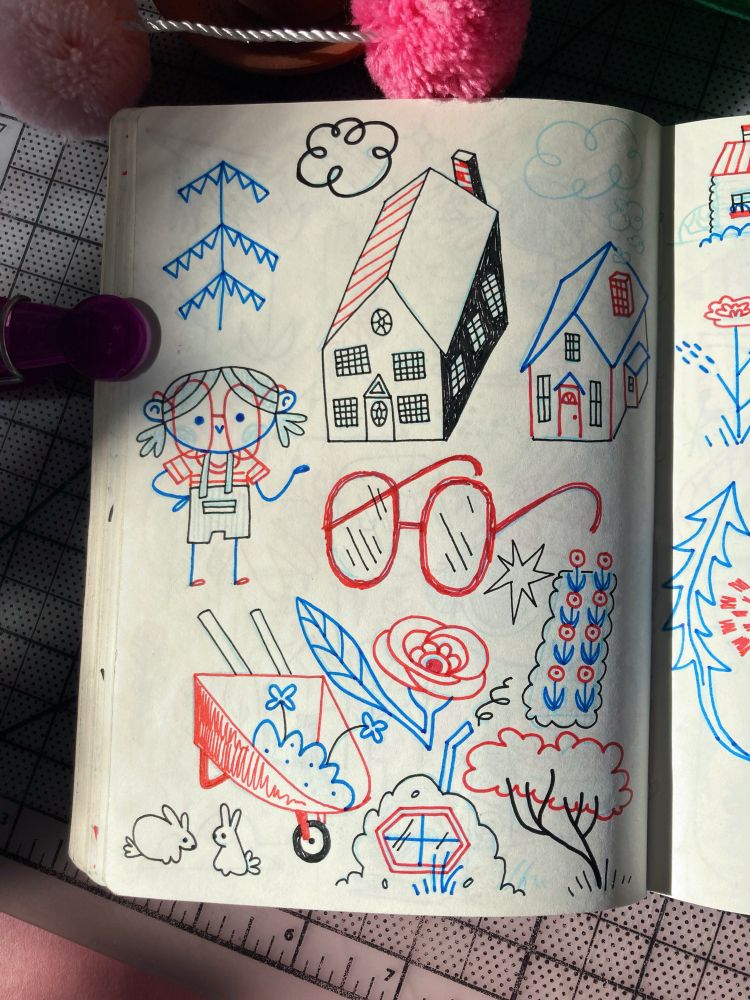 Last page of ink drawings including a giant pair of glasses, a small girl with the same glasses, two small bunnies, rows of flowers, and two small houses with many windows.