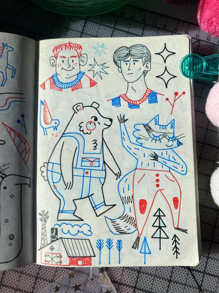 Sketchbook page with a rosy cheeked bear, a dancing raccoon, and two football lads