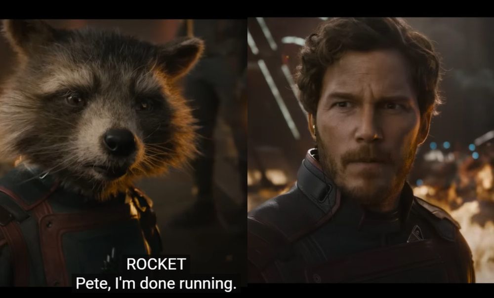 Split-frame
On the left: Rocket says 'Pete, I'm done running.'
On the right: *Pete stares onward intensely*