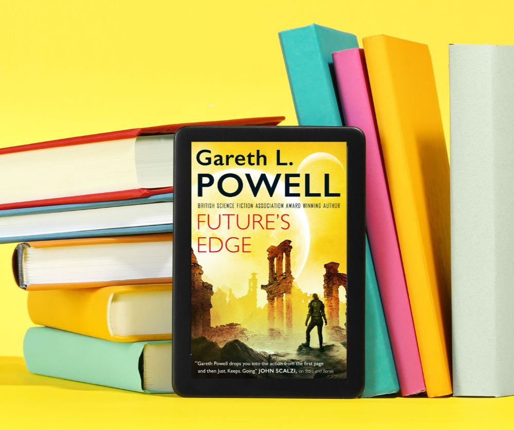 An e-reader displaying the cover of Future's Edge by Gareth L. Powell