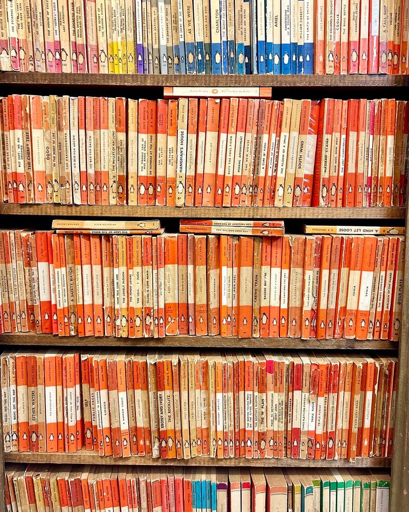 Bookshelves packed with old penguin paperbacks 