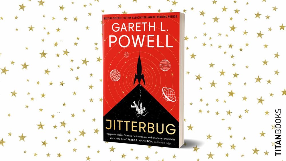 A stylised red and black image of a rocket, some planets, and an astronaut