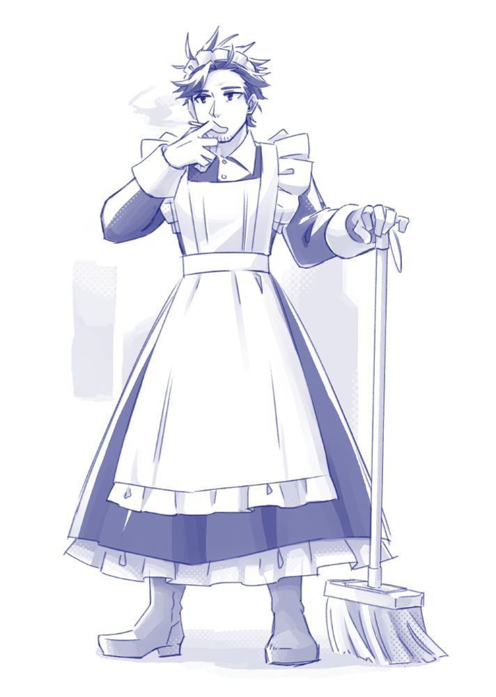 Yami in a maid dress, propping up a broom in one hand and holding a cigarette to his mouth in another
