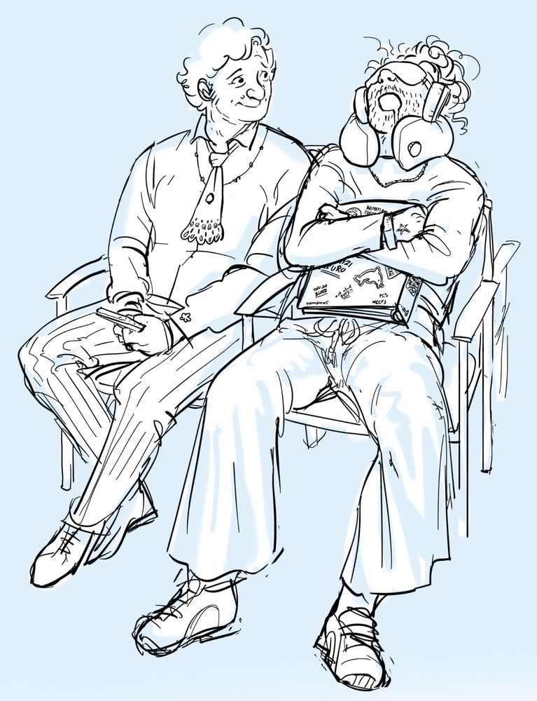 Digital doodle of Ed and Stede sitting next to each other in waiting room chairs. Stede's looking lovingly at Ed, who is sleeping upright with neck pillow and headphones and eye mask and clutching his big "what's wrong with me" binder that he takes to all his doctors appointments I forgot to draw his bag sorry