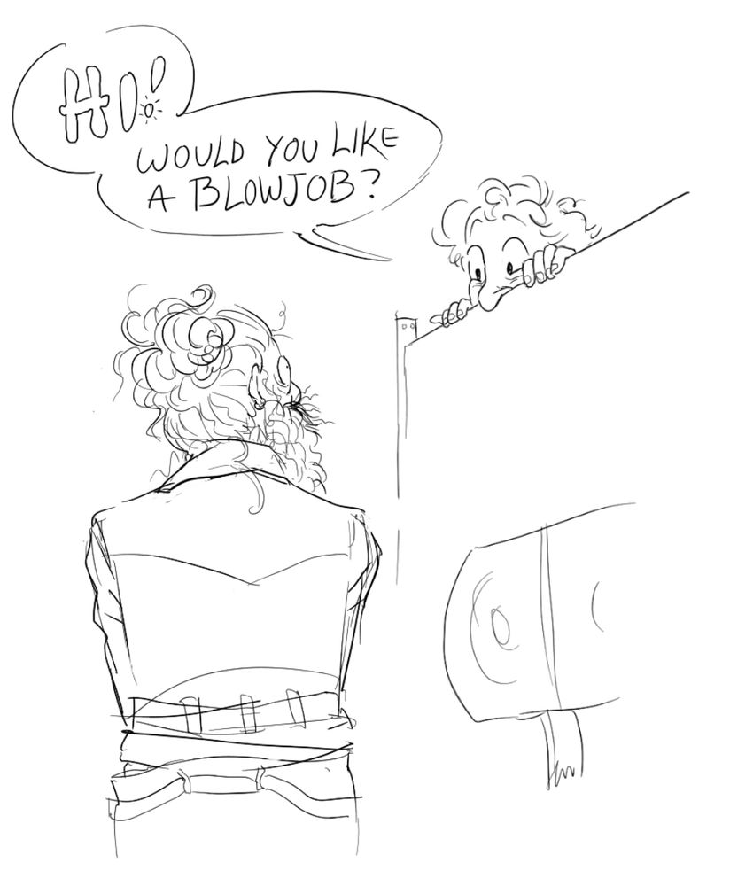 Stede peeping over the top of a bathroom stall to excitedly say "Hi! Would you like a blowjob?" to Ed who was just trying to pee and did not expect or prepare for this