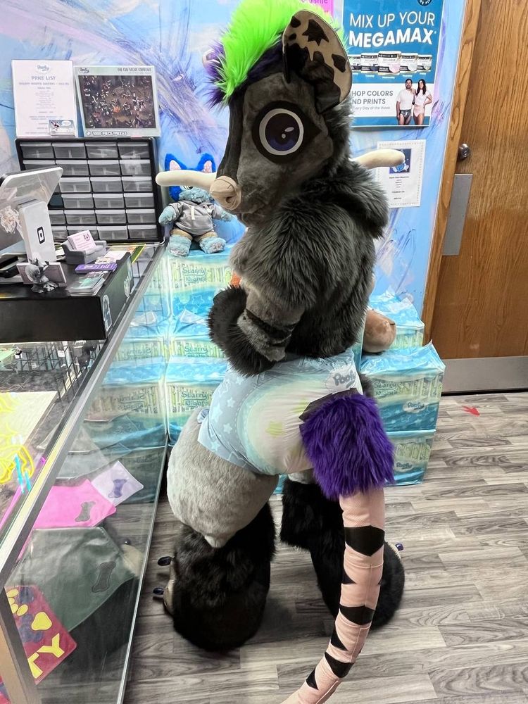 Ope! You caught me! *Shock*
Opossum suiter without nerf gun in PoofyPins starry nights pamps faced away with butt on display 