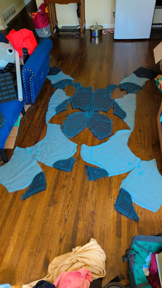 From the inside out, a flat layout of the bodysuit 