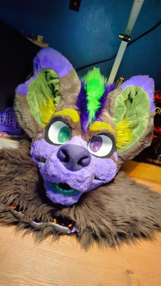 Same head now finished.
Eyes are printed, teeth are printed, nose is silicone, she has a floofy neon Mohawk hairstyle and has big yeen ears.

She's done in muted natural colours of greys, greens, and an accent of lavender.
Her hair is grape and lime UV fur.
Her nose is a deep natural toned purple