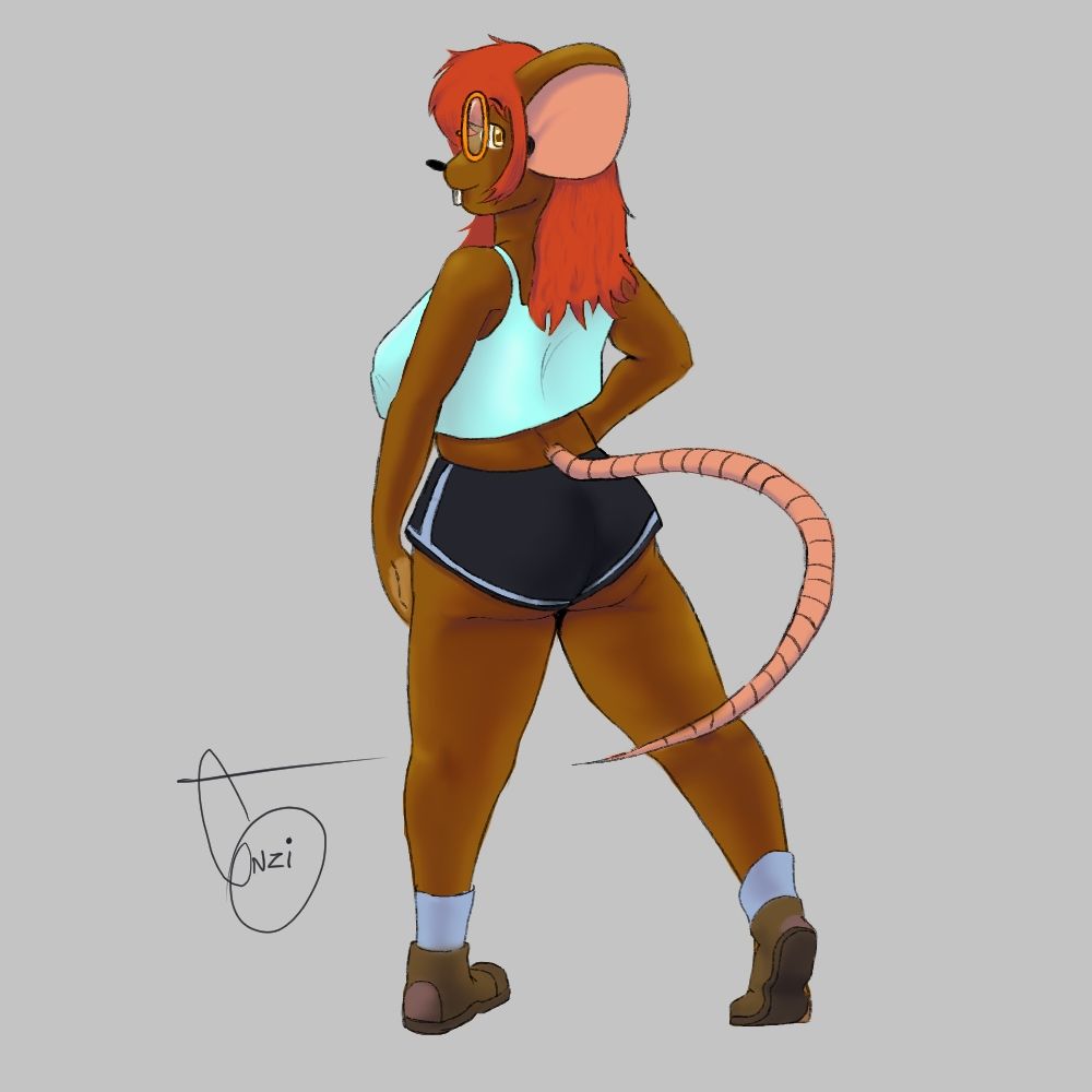 A rat girl with dark skin and red hair. she stands facing away from the viewer but turning to her left to glance over her shoulder. She wears brown boots with grey socks, a teal tanktop, and black dolphin shorts. Her butt peaks a bit below the shorts.