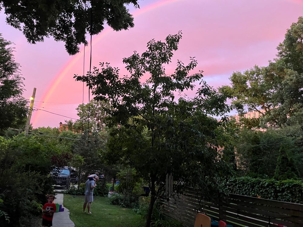 A rainbow over a backyard.