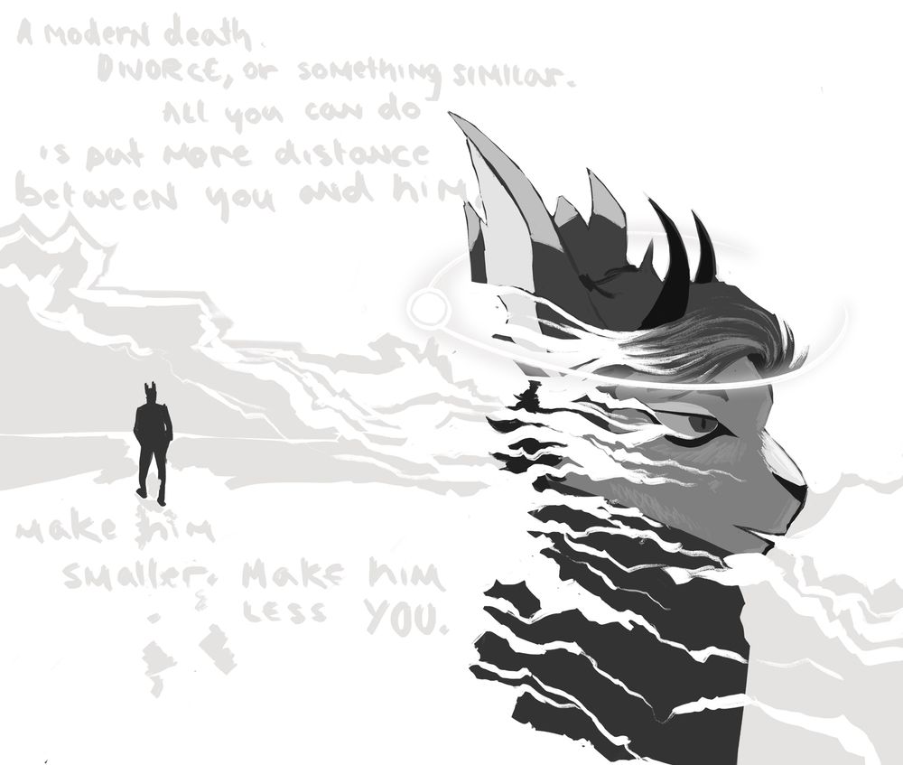 This is a monochrome digital painting that overwhelmingly uses the color white. On the right side is a dark grey jackalope character with a morose expression and tendrils of white smoke/clouds obscuring the his back. On the left side is a small dark figure walking away from the viewer. The text “A modern death, divorce, or something similar. All you can do is put more distance between you and him. Make him smaller, make him less you.” Is written across the left side. 