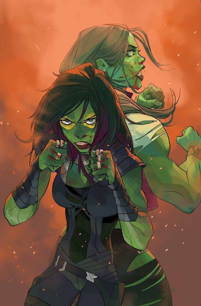 Otto Schmidt draws She-Hulk and Gamora, back to back in a fighting stance. Both look like they have been fighting for a bit and already starting to bleed