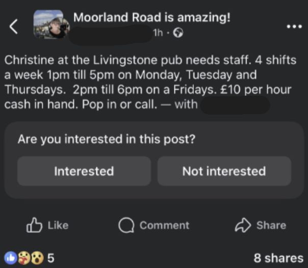 Local FB group post saying: 