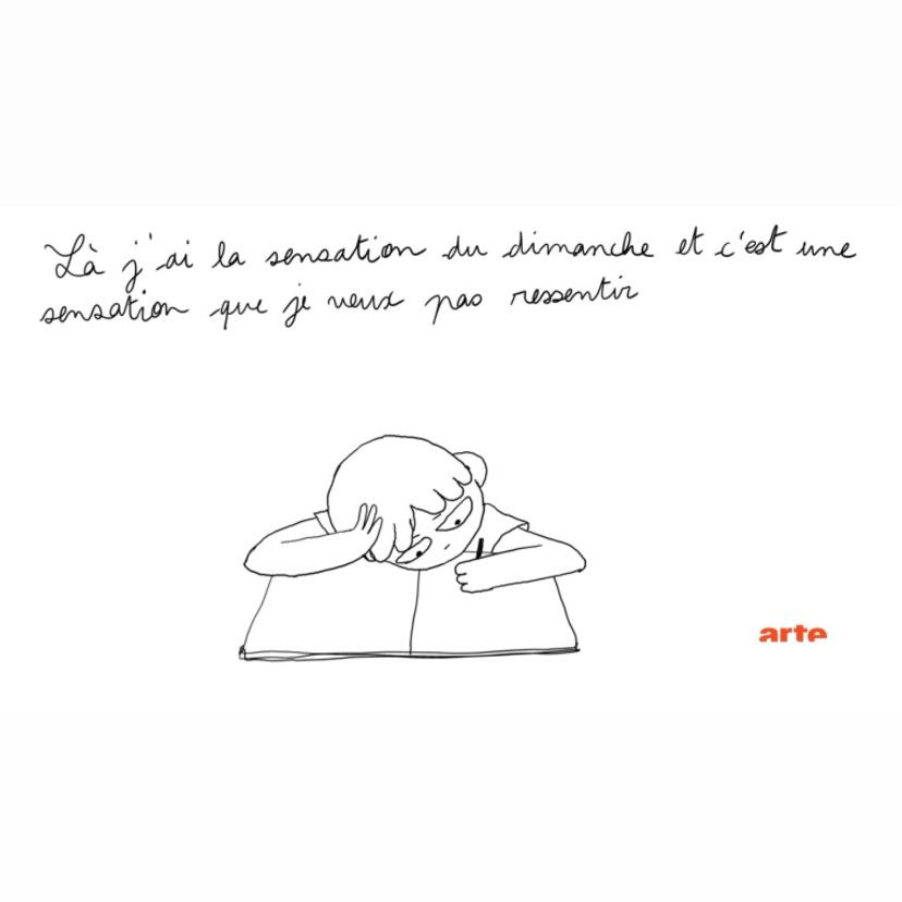 Samuel, nez dans son cahier, écrit : « Là j’ai la sensation du dimanche et c’est une sensation que je veux pas ressentir »