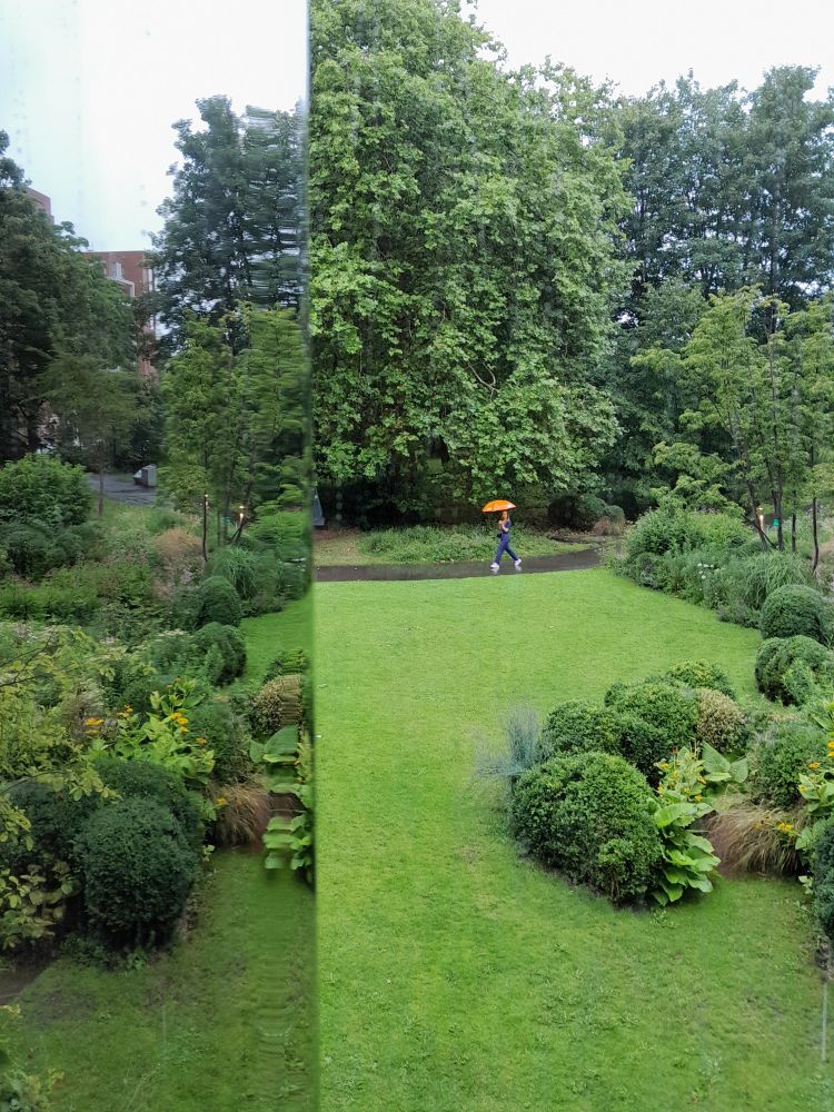 Looking out of a large window down towards a lush green garden at the Whitworth Gallery Manchester on Sunday.  It is surrounded by tall trees and has a lawned area with multiple floral bushes.  On the left of the photo is a vertical mirrored panel that reflects the  garden. A woman in the distance outside is walking along a path holding an orange umbrella in the rain