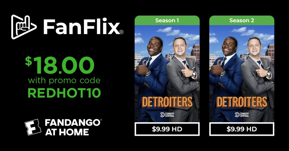 A promo graphic featuring Season 1 and Season 2 of Detroiters. Each is listed as $9.99 in HD format. However, dear reader, if you input the promo code at checkout REDHOT10, it will take 10% off, bringing the grand total down to $18.00. And even better, you won't be charged tax (at least I never have been through FanFlix 👀).

And, yes, you do not actually "own" the files to the show, but you do own the license to watch them through https://athome.fandango.com/ whenever you would like. You can even download the episodes to your phone or tablet to watch on-the-go or on an airplane. No Slipknot mask required.

This is not a paid ad, I just love Detroiters & collect my media on Fandango at Home, so I wanted to share with all of the good people on ITYSL and Detroiters BlueSky! 🤗