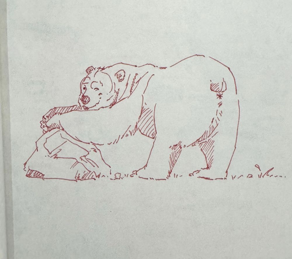 Red ink doodle of a bear leaning on a rock exposing his butt and seductively winking as he looks back at you.