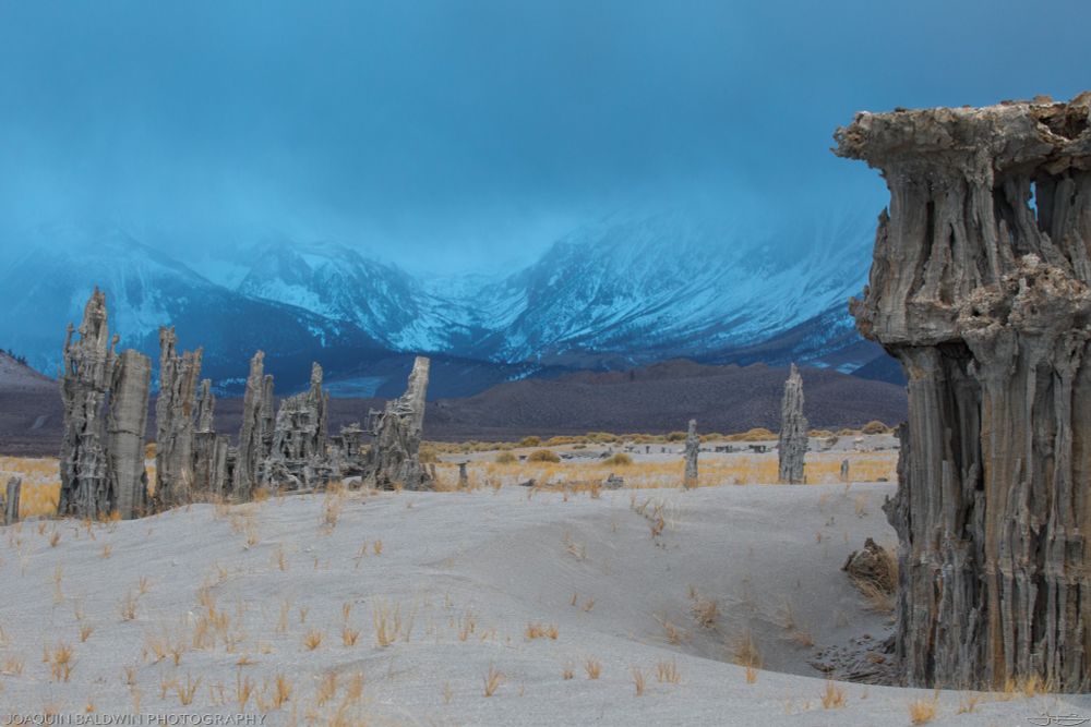 Gray calcium carbonate towers rise from a sand dune speckled with short, dry grasses, looking like ancient ruins. The tops of the snowcapped mountains in the distance are covered in clouds with falling snow, their shadow turning half of the image an ominous blue.