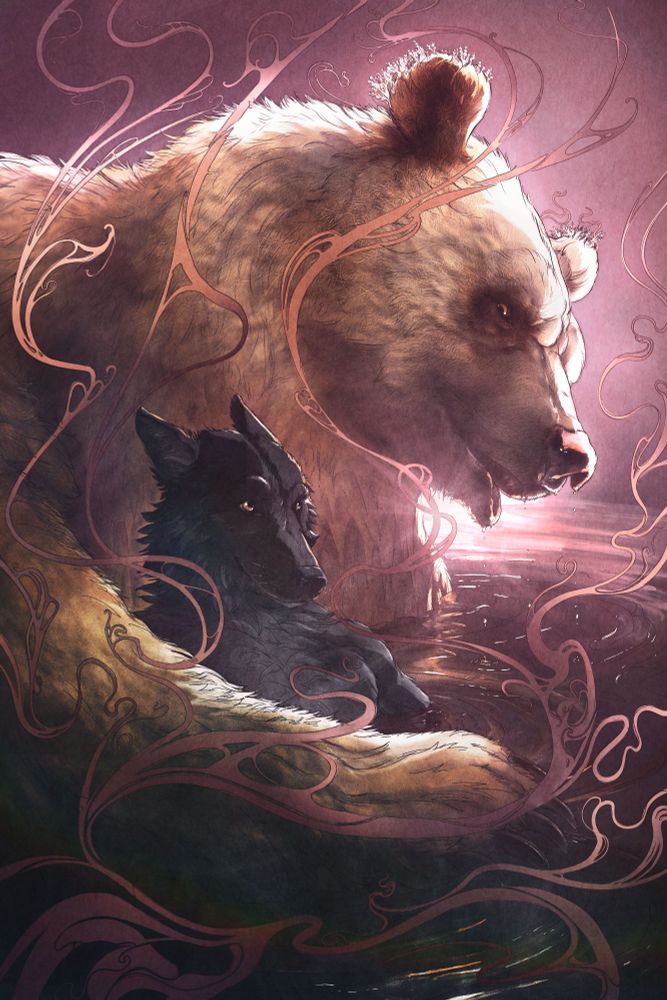 Banook and Sterjall bathing in hot springs under the pink moonlight. The gold-furred enormous bear sits chest-deep in warm, steaming waters, wrapping an arm around the dark-furred anthromoporphic wolf, who looks up at him with a shy expression. They are bathed in pink mists, with a pink light shining behind them that lights up the icy crystals on the bear’s round ears and reflects on his pink nose.