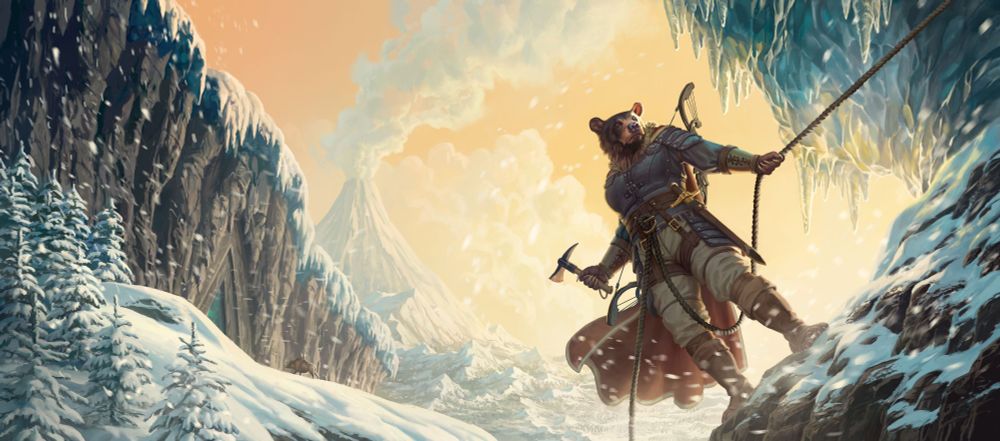 A leather-armored anthropomorphic black bear holds on to a rope while climbing an icy wall. Her cinnamon-colored fur and ruddy cloak slap in the wind. She has a bow slung over her shoulders, and an ice pick ready in one hand. Behind her is a snowy landscape with a rocky cliff carved with a triangular portal. A giant suid walks toward it. A volcano fumes in the yellow-tinted distance.
