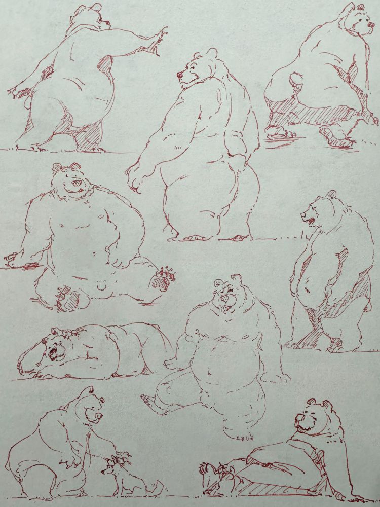 Nine red-ink doodles of anthropomorphic bears put together in one image, all from my signed/doodled hardcovers. They are all chonky and friendly and maybe a bit suggestive, posing around, showing the goods, coyly staring at you, and one is petting a small wolf.