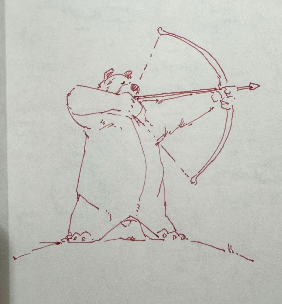 Sketch of a bear standing on his hind legs holding a bow and arrow and aiming it with the bowstring pulled back. He has the perfect chonky bear shape <3