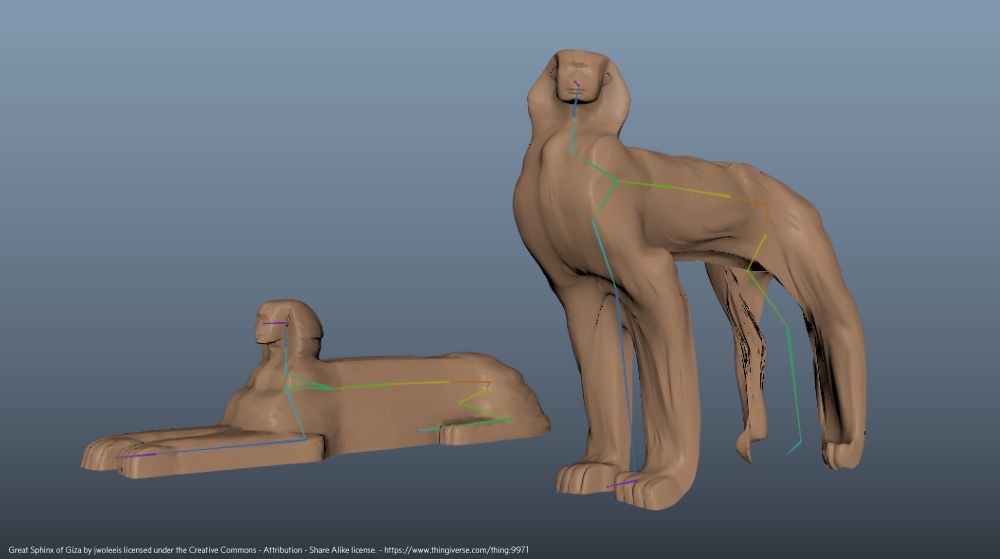 3D model of the Great Sphinx of Giza in a Maya window, sitting in place, next to the same model with rigged articulations standing up and looking ridiculous with its tiny head and huge legs.