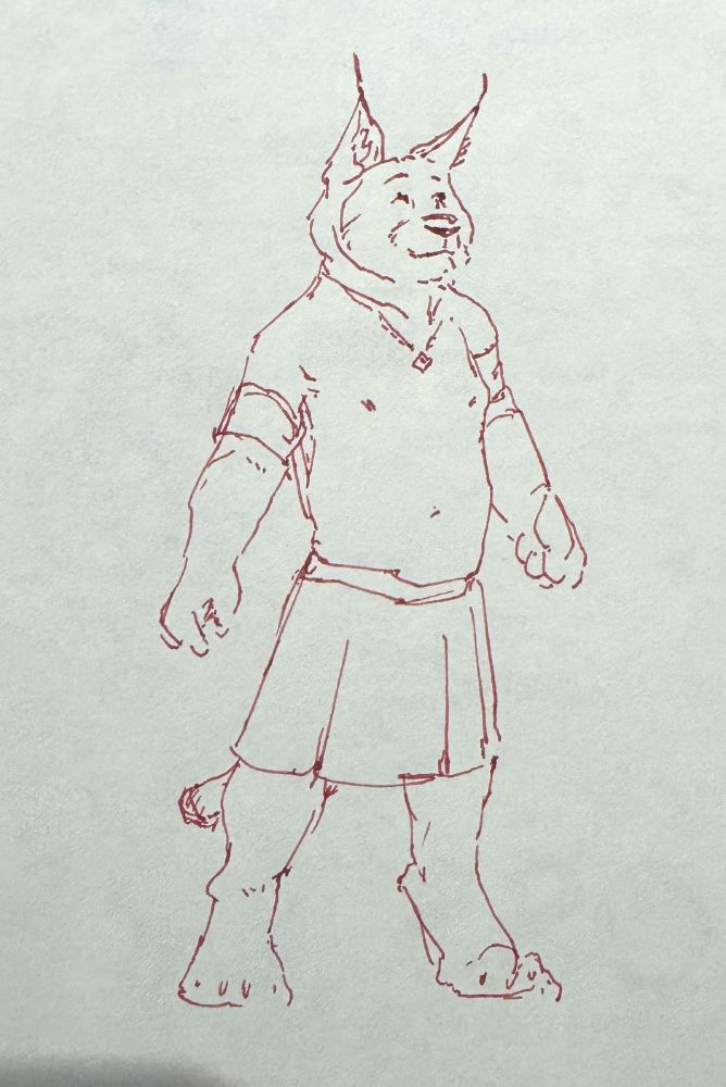 Red-ink doodle of a cute chubby caracal standing proud and looking up. He's shirtless and wearing a kilt.