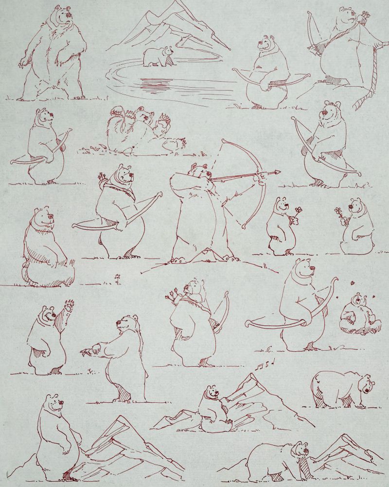 Red ink doodles from the signed hardcover editions. This set shows about 20 sketches of Banook the bear in many different poses, often holding a bow or next to mountains.