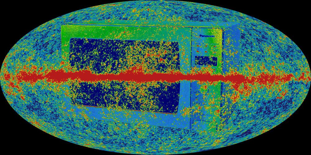 Colorized ellipse-shaped graph of the universe's background radiation with a Panasonic microwave image hiding among the noise of red, green, and blue pixels.