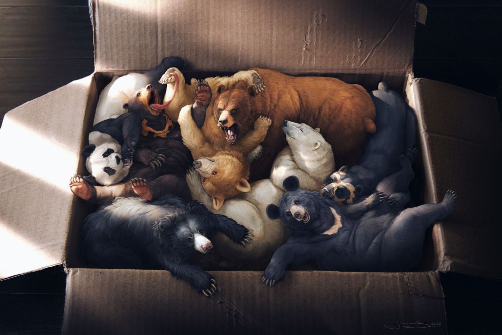 "An inordinate fondness for bears". A realistic illustration of eight bears (one bear of each extant species) cuddling inside a cardboard box (they tiny).